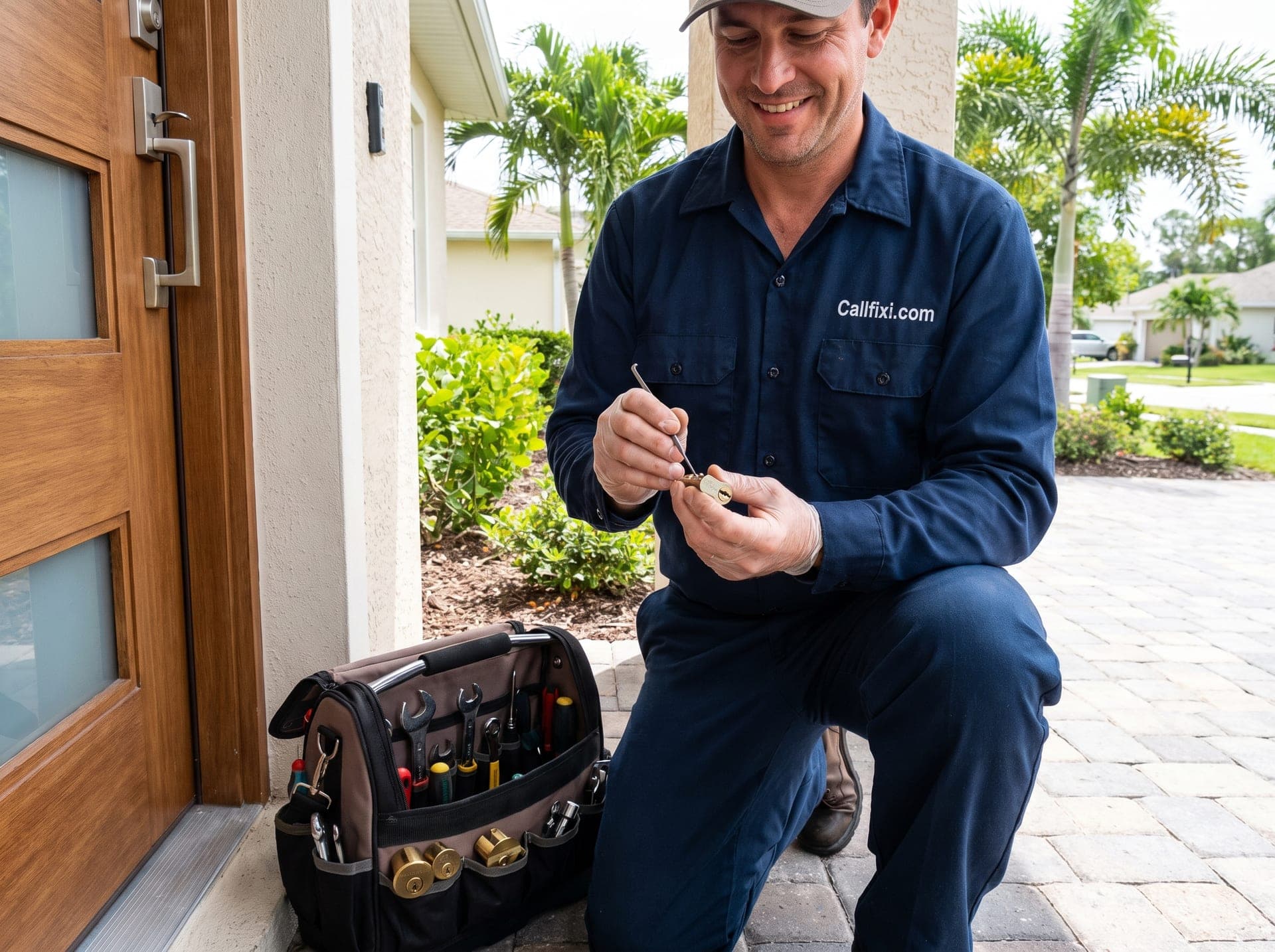 Locksmith technician working at a Florida home