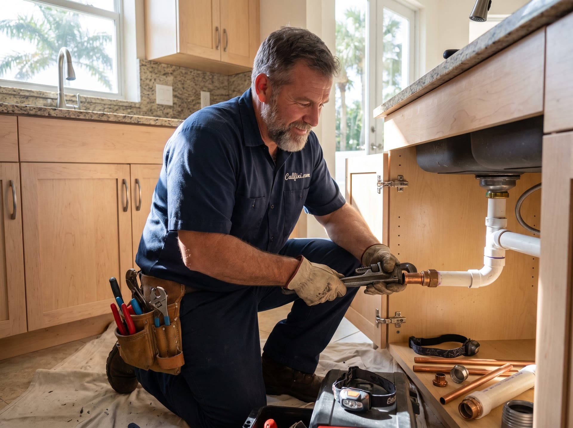 Plumbing technician working at a Florida home
