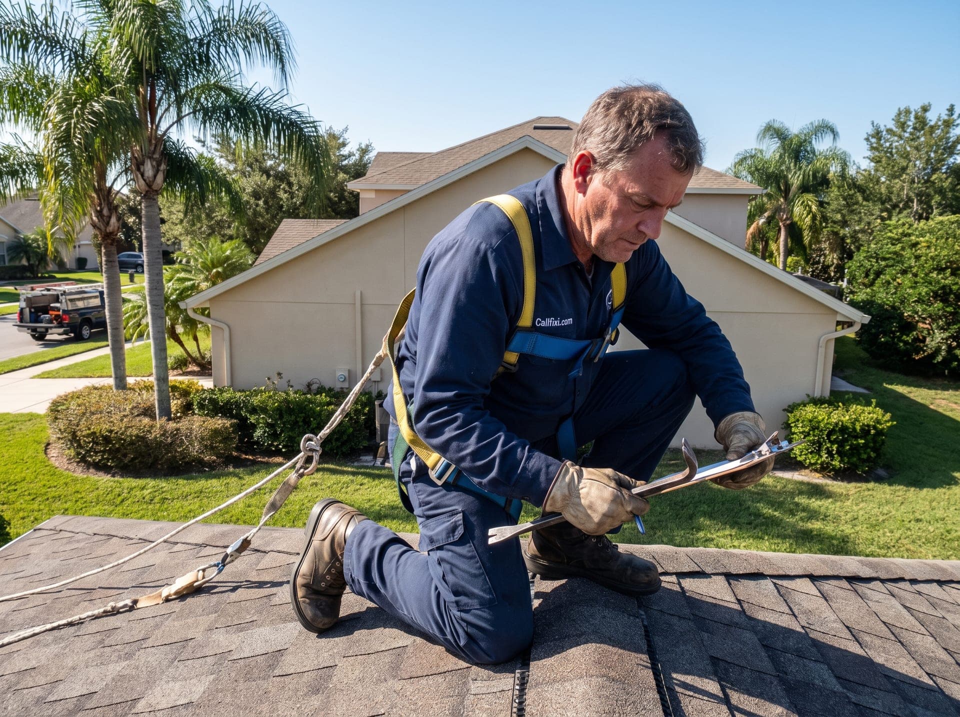Roofing technician working at a Florida home